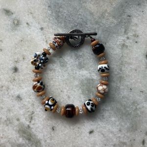 Handmade Artisan Black/White/Brown Glass Beaded Bracelet